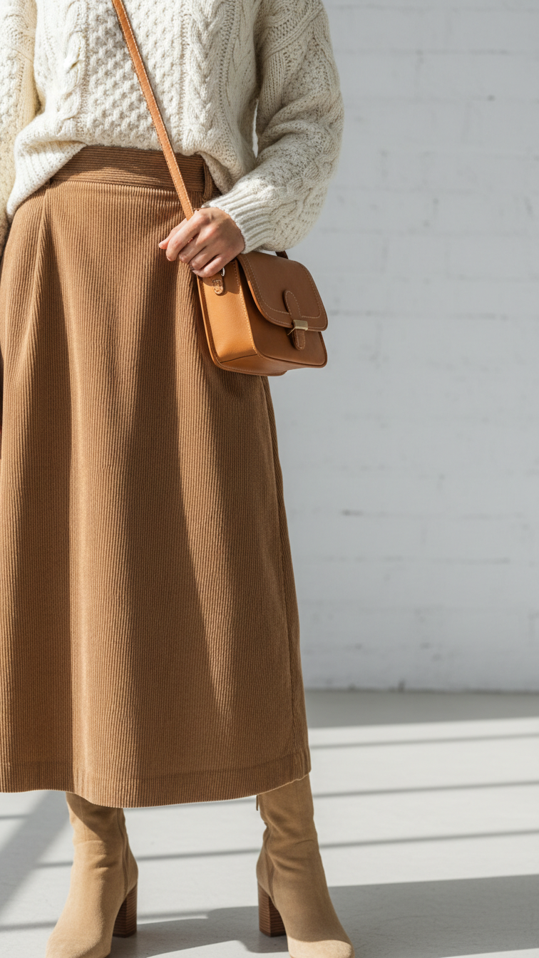 Classic brown corduroy skirt and cream cable-knit sweater outfit with tan leather bag in bright minimalist room