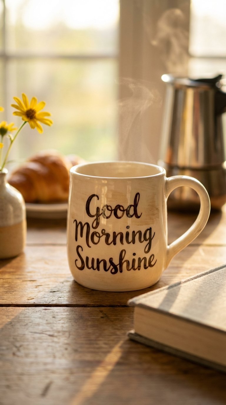 Classic ceramic mug with hand-lettered inspirational quote on rustic wooden breakfast table