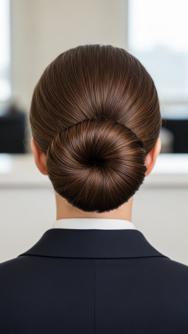 Classic chignon hairstyle on medium length hair with perfectly coiled bun at nape of neck
