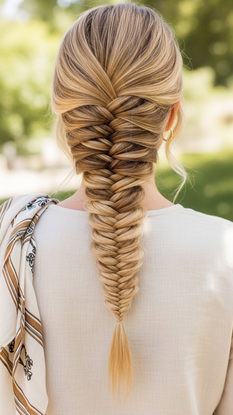 Classic fishtail braid hairstyle on sun-kissed blonde hair with intricate woven texture cascading down the back