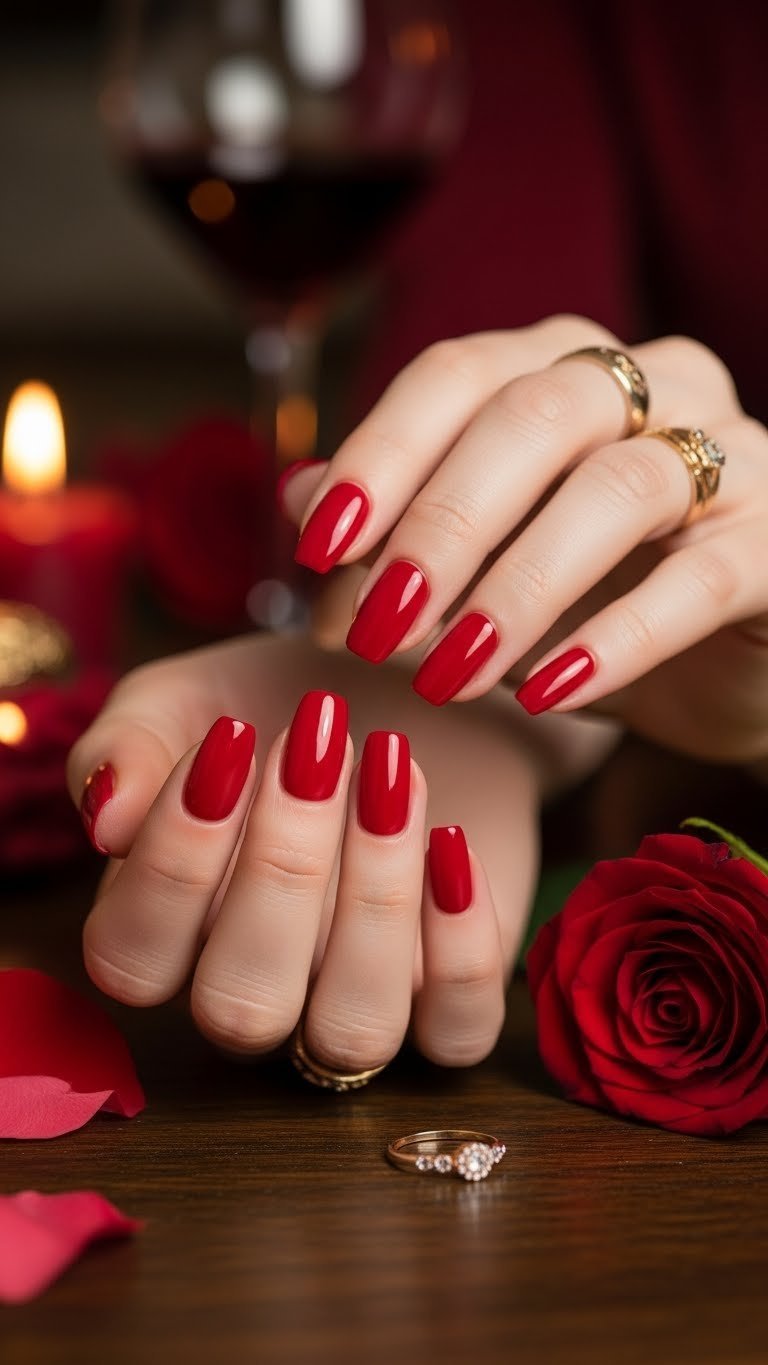 Classic glossy red valentine nails with flawless application and rich color for timeless elegance