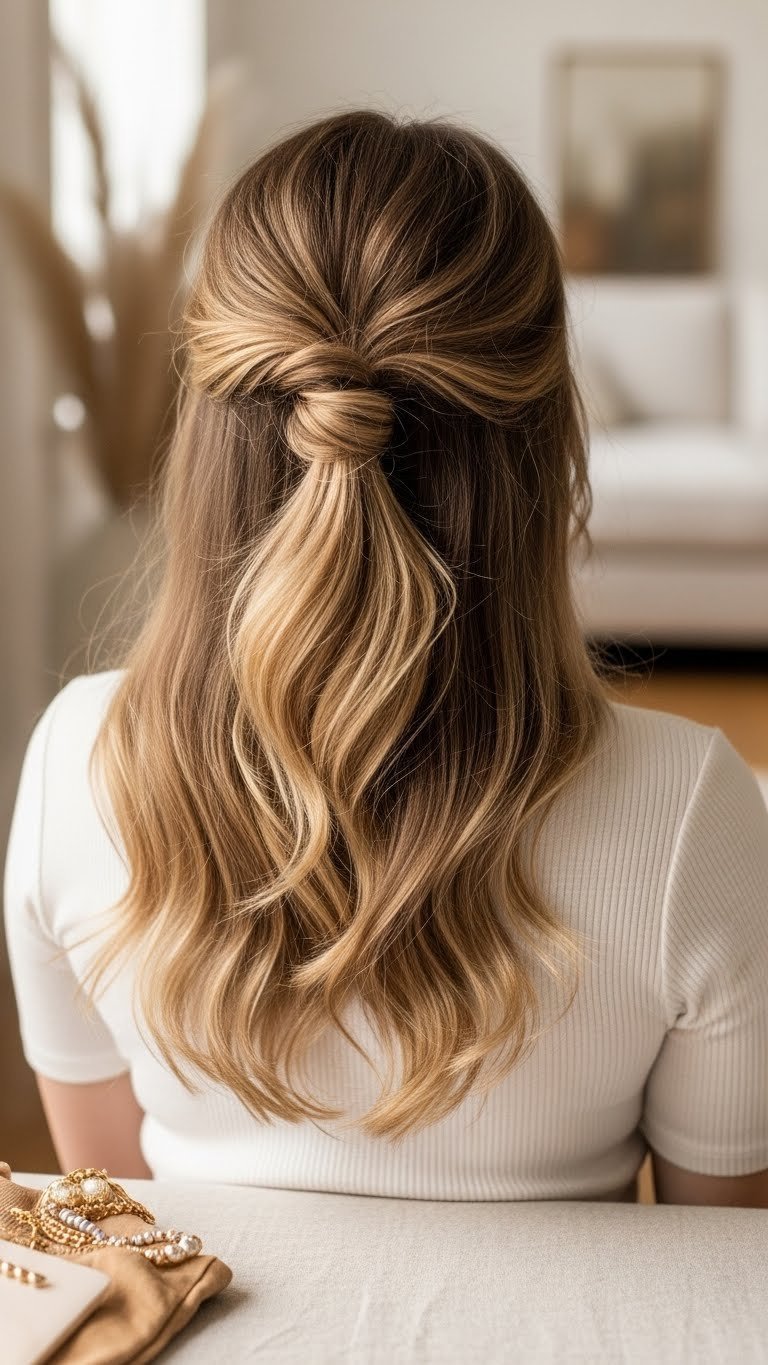 Classic half-up half-down hairstyle with twisted top section on medium length wavy hair