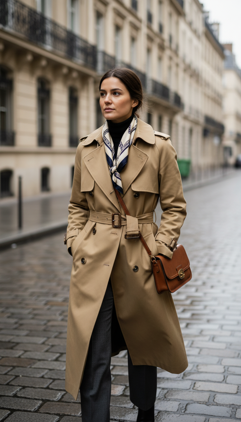 Classic khaki trench coat layered over black turtleneck on European cobblestone street setting