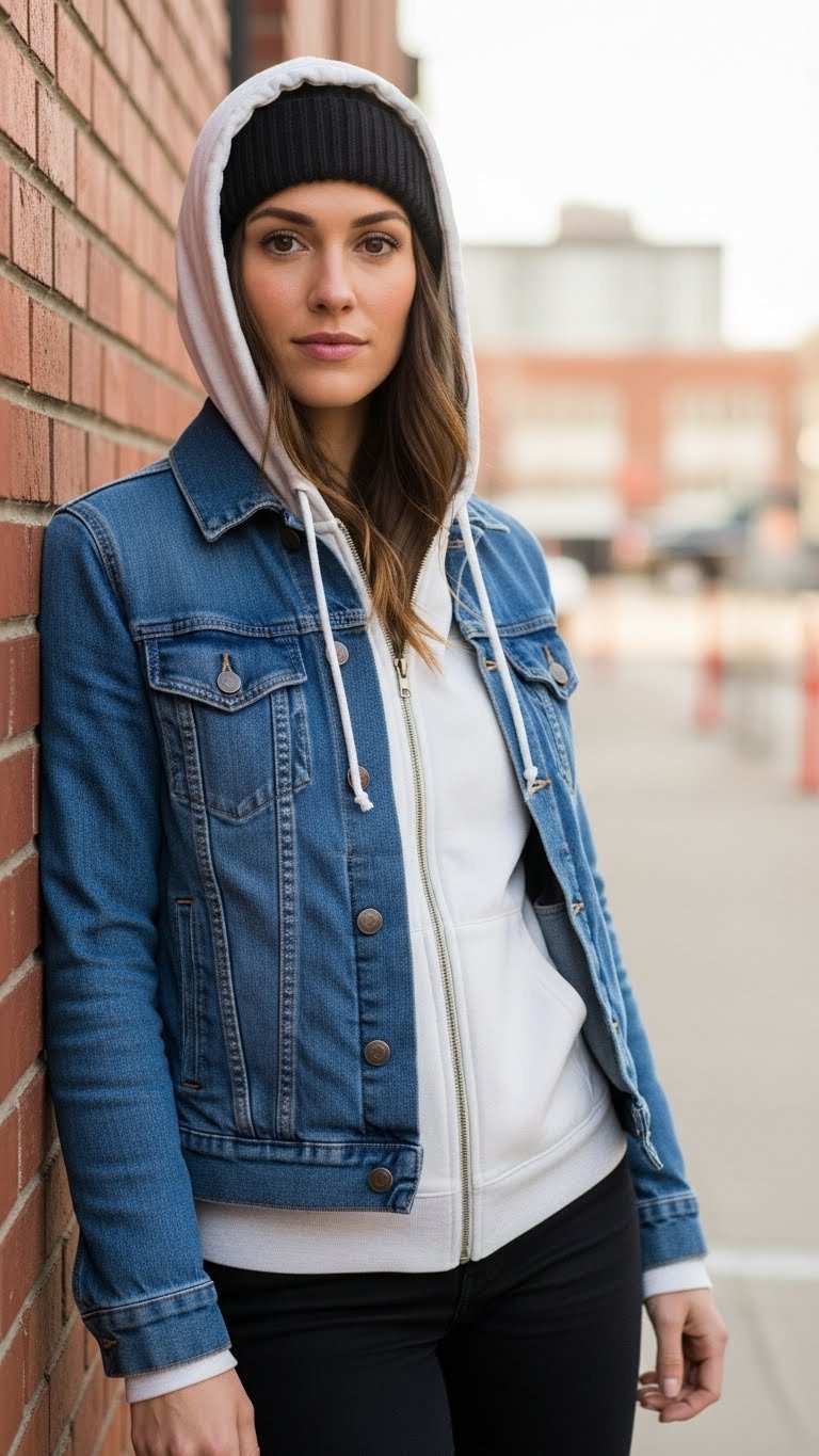 Classic layered outfit with denim jacket over white hoodie against urban brick wall backdrop