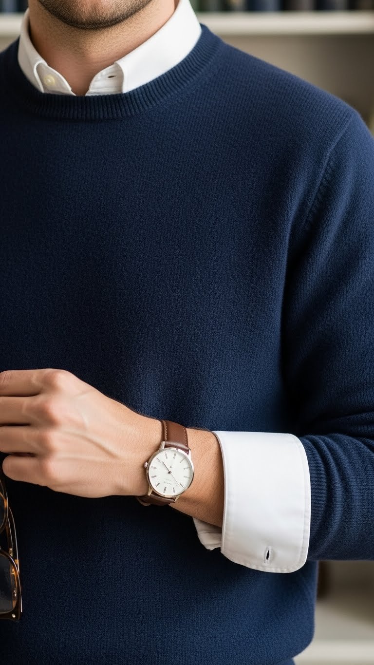 Classic preppy outfit with navy cashmere sweater over white button-down shirt against bookshelf background