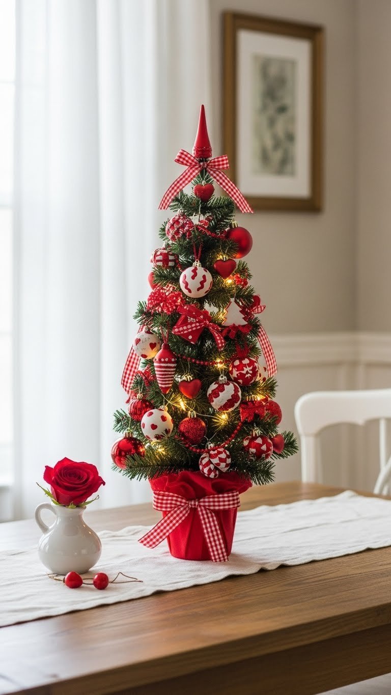 Classic red and white Valentine's tree centerpiece with mini LED lights and ornaments on rustic wooden table