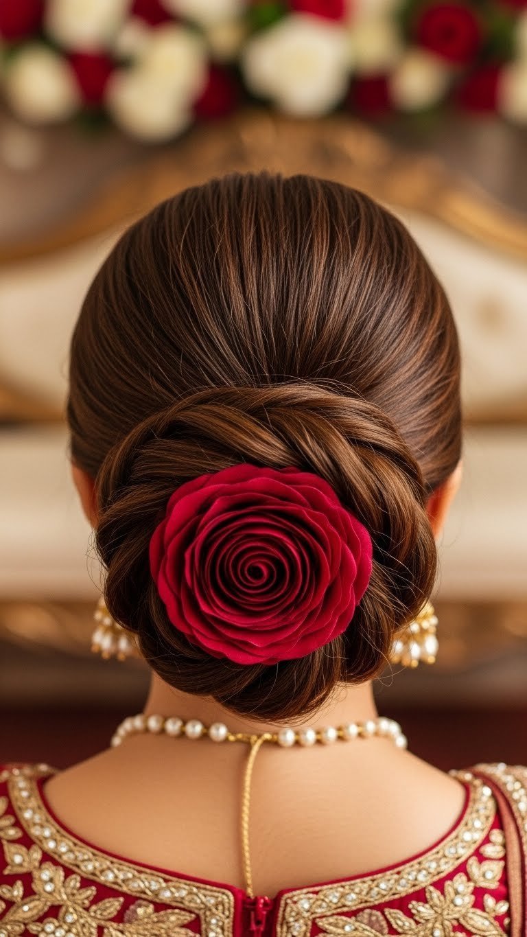 Classic rose bun bridal hairstyle on Indian medium length hair with delicate pearl embellishments