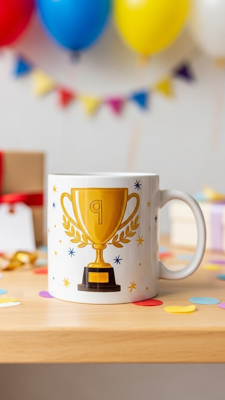 Classic white ceramic mug with whimsical gold trophy illustration on polished wooden shelf in celebration setting