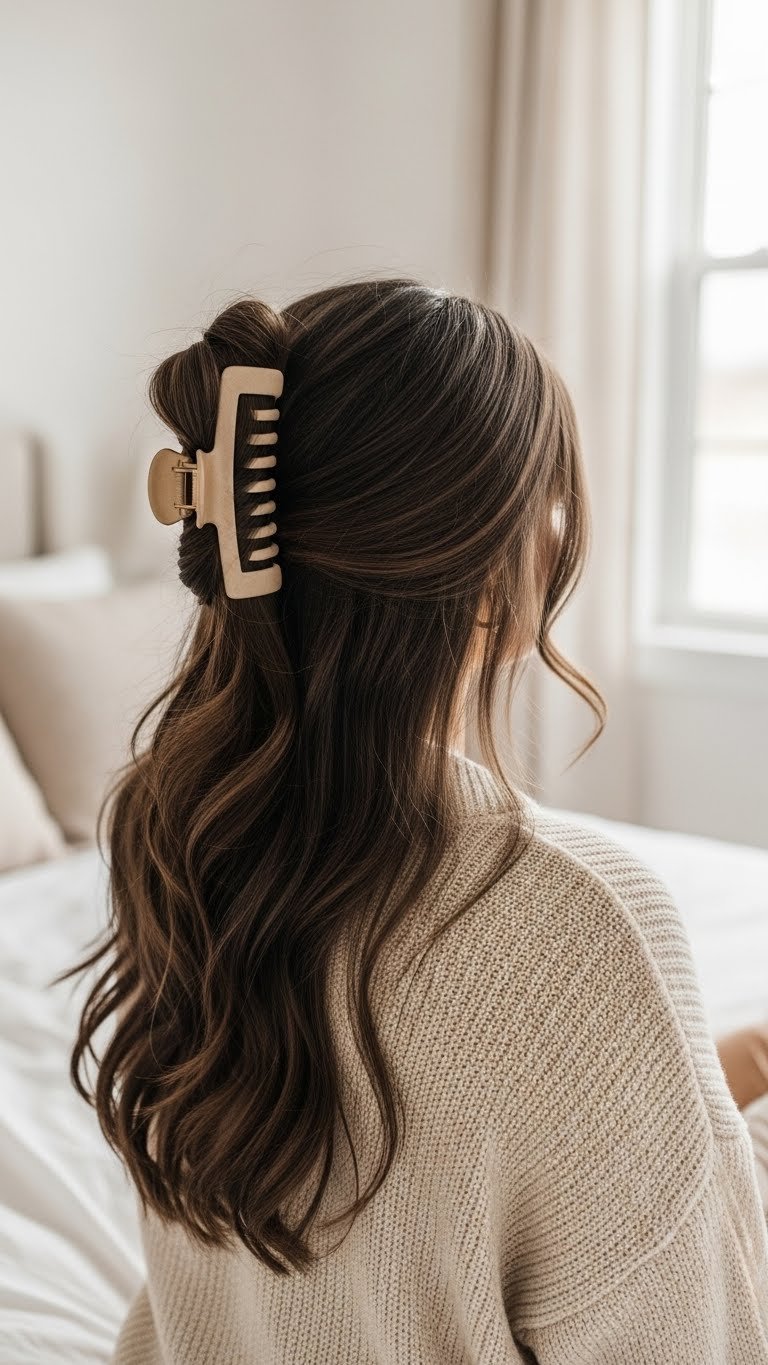 Claw clip updo hairstyle with face-framing pieces on brunette model in cozy bedroom environment