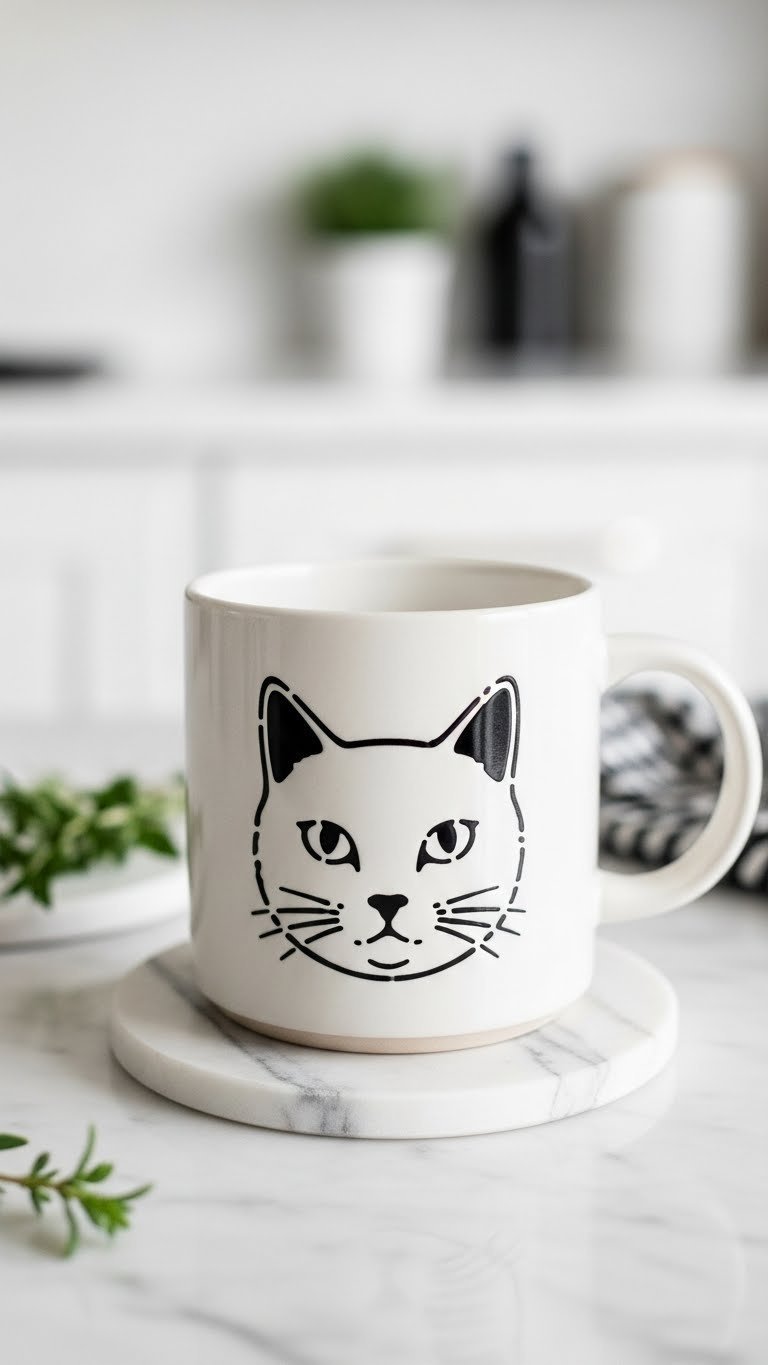 Clean minimalist ceramic coffee mug with centered stenciled cat face design on crisp white background