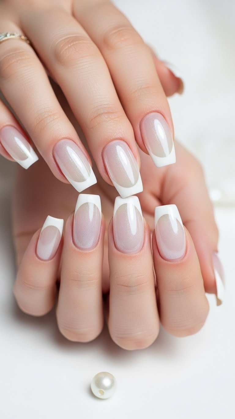 Clean minimalist shot of white chrome French tip nails on white surface with bright airy lighting