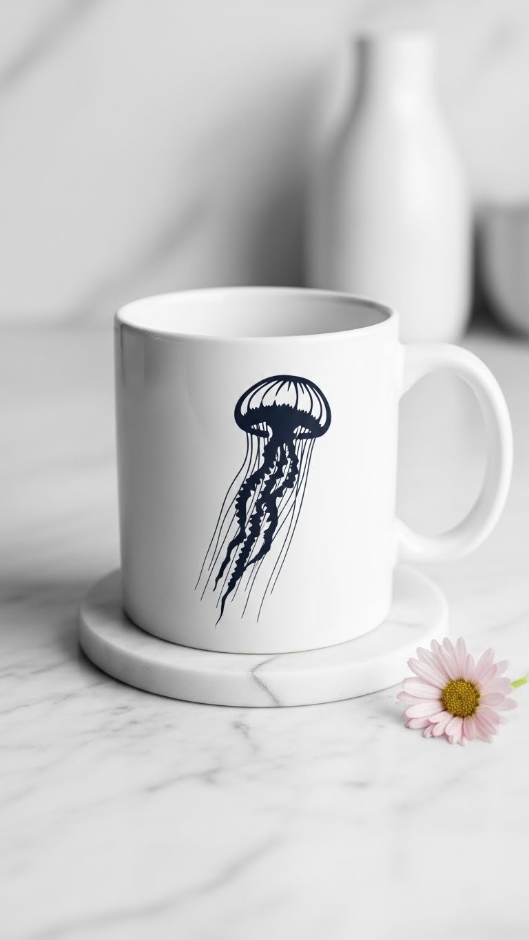 Clean white ceramic mug with elegant black silhouette jellyfish design on bright marble countertop