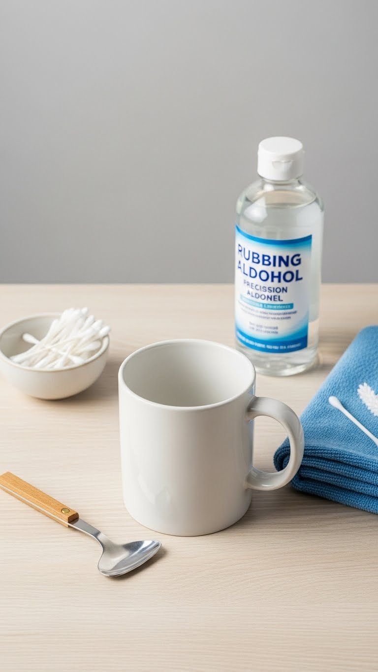 Clean white ceramic mug with microfiber cloth and rubbing alcohol bottle prepared on light wooden table surface