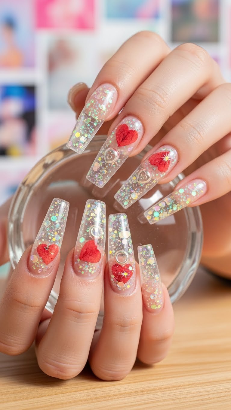 Clear acrylic nails with encapsulated glitter, dried heart flowers, and metallic charms suspended within layers
