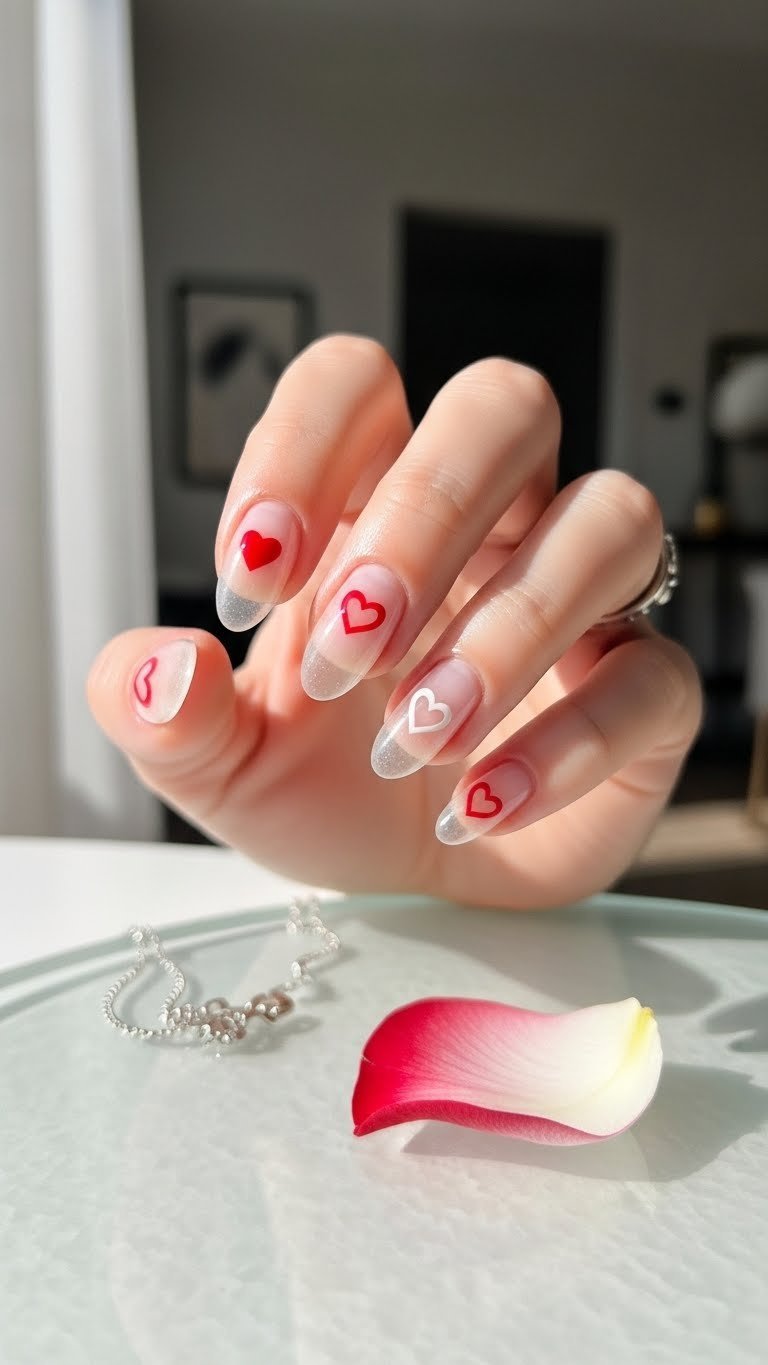 Clear gel nails with floating red and white heart outlines creating ethereal transparent effect