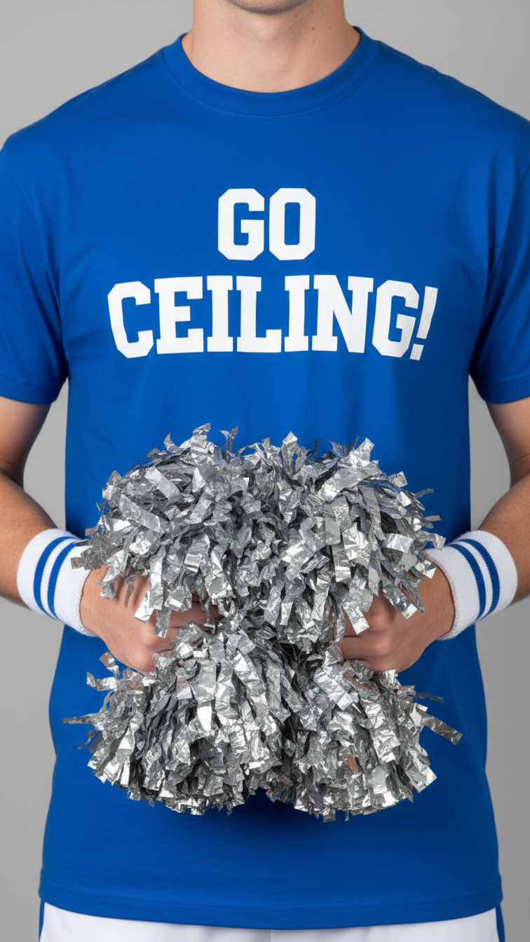 Clever 'ceiling fan' pun costume with 'GO CEILING!' t-shirt and cheerleading pom-poms on neutral background.