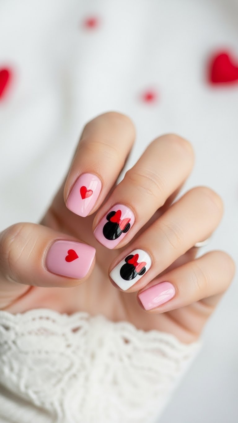 Close-up Mickey and Minnie Mouse silhouette nail art with heart accent on glossy pink base coat against soft romantic background