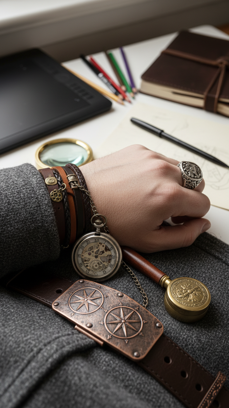 Close-up character accessories detail showing vintage pocket watch and layered bracelets on neutral fabric