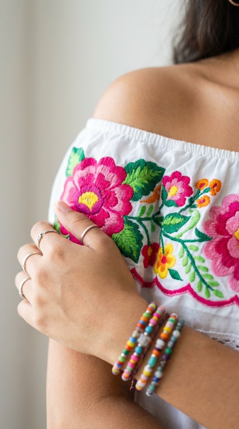 Close-up detail of Latina woman's floral embroidered top showcasing vibrant traditional craftsmanship