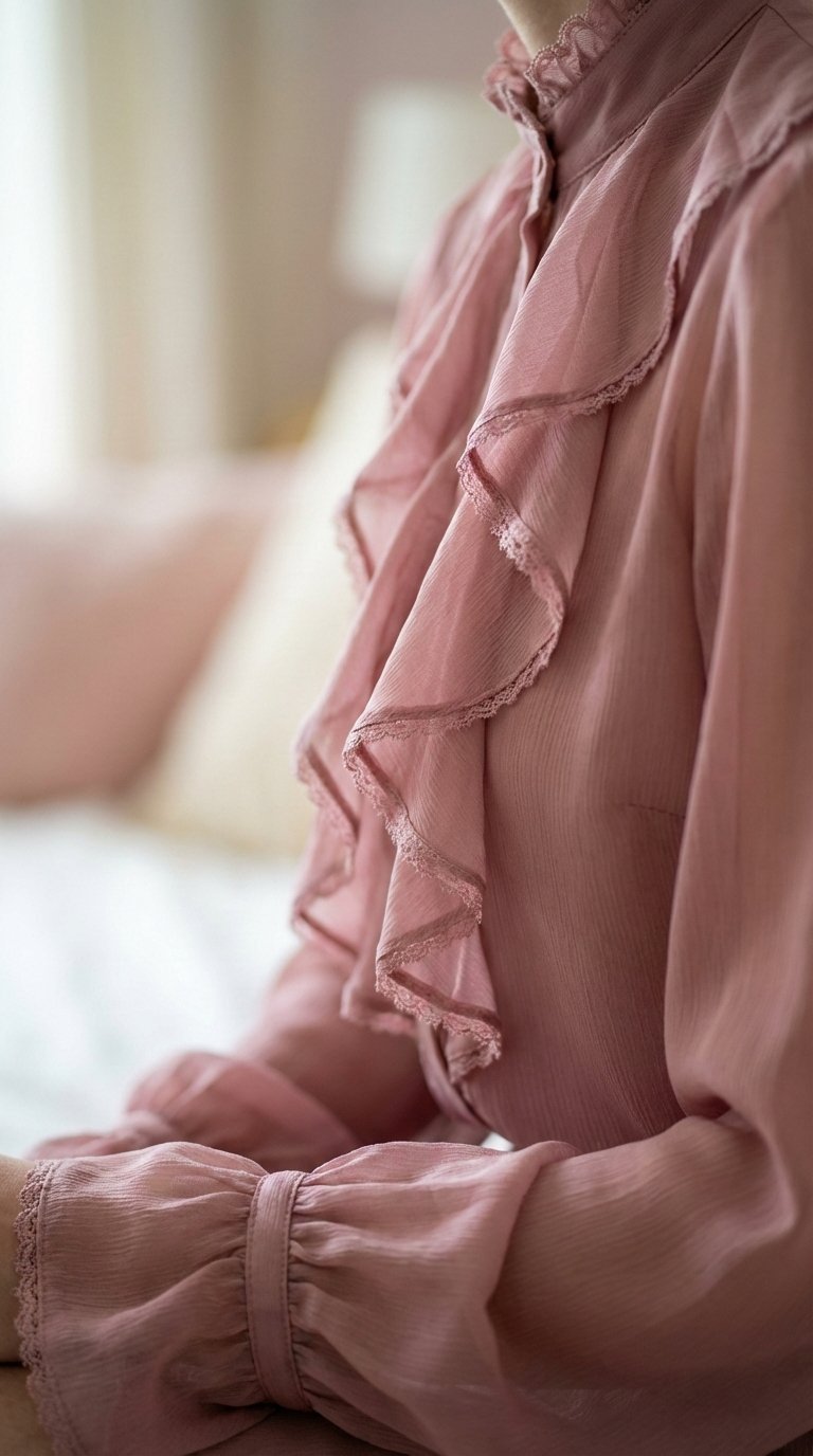 Close-up detail of delicate dusty rose ruffled sheer blouse with romantic collar and cuff details