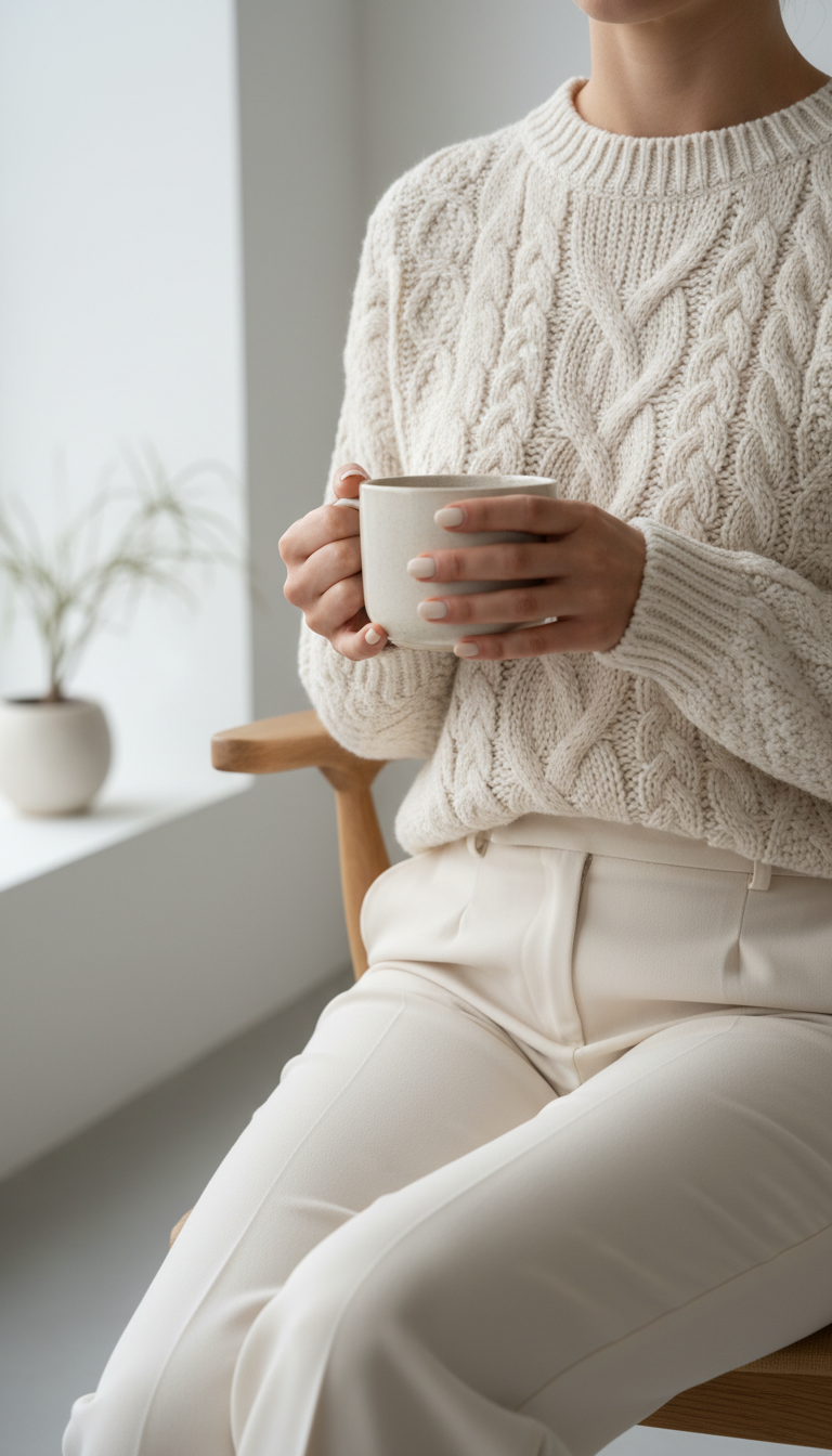 Close-up detail of ivory cable-knit sweater meeting tailored wool trousers in cozy minimalist interior
