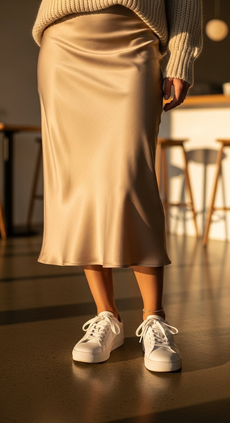 Close-up detail shot of champagne satin midi skirt paired with white leather sneakers on polished concrete floor