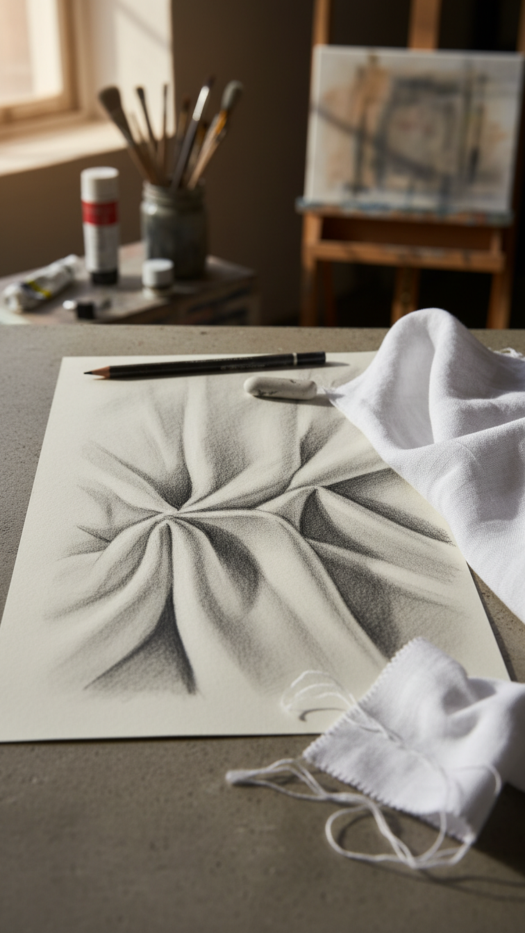 Close-up fabric fold study showing detailed rendering of linen shirt drape with light and shadow textures