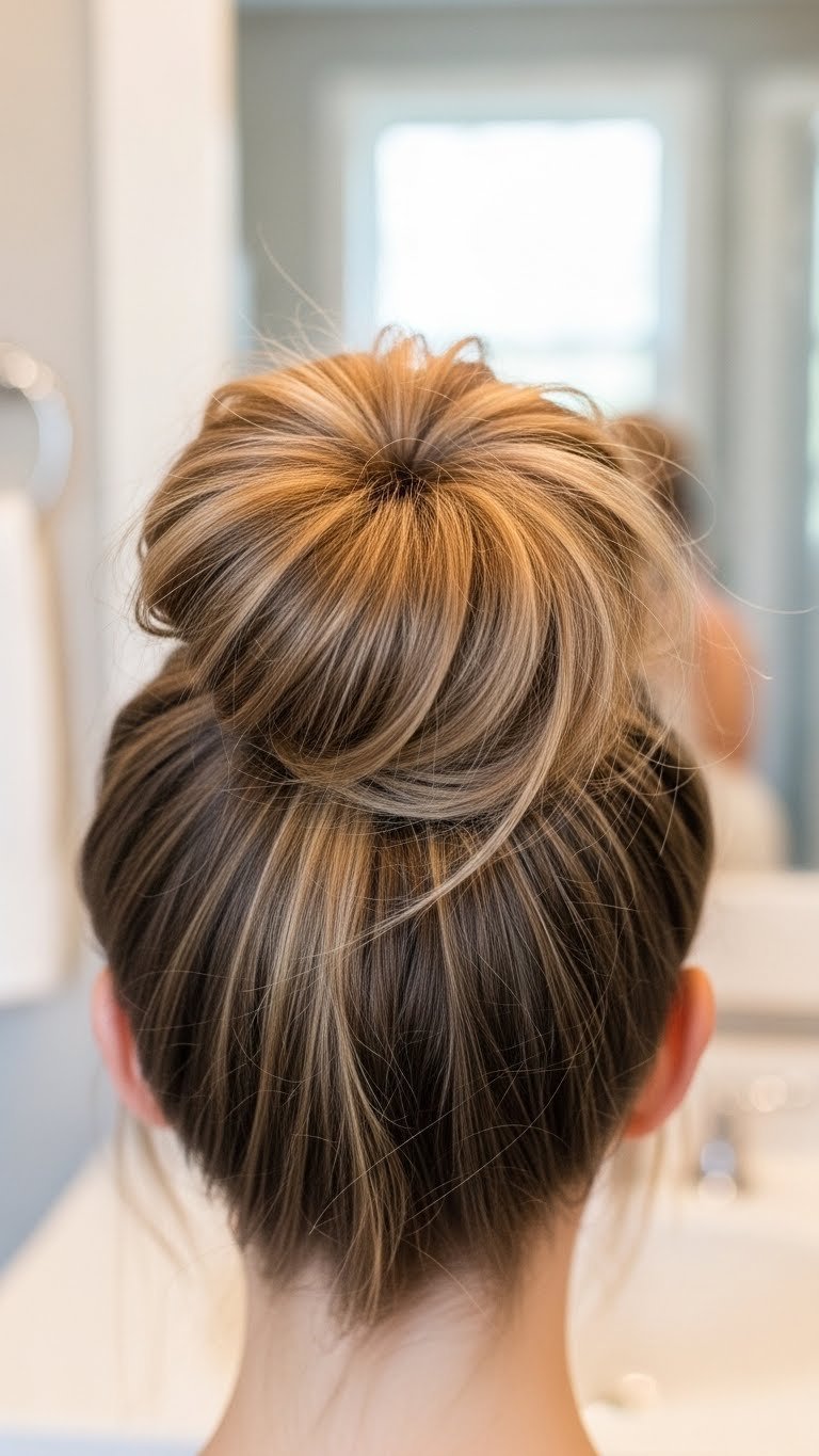 Close-up hyperrealistic photo of a voluminous high messy bun hairstyle with pulled-out strands framing the face on long hair