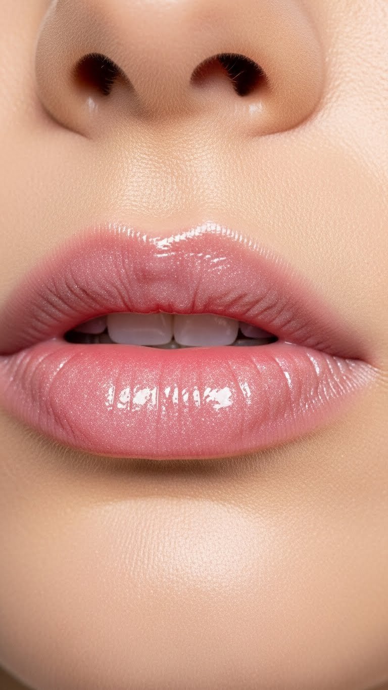 Close-up macro shot of glossy frosted lip gloss with shimmering Y2K beauty look against soft natural lighting