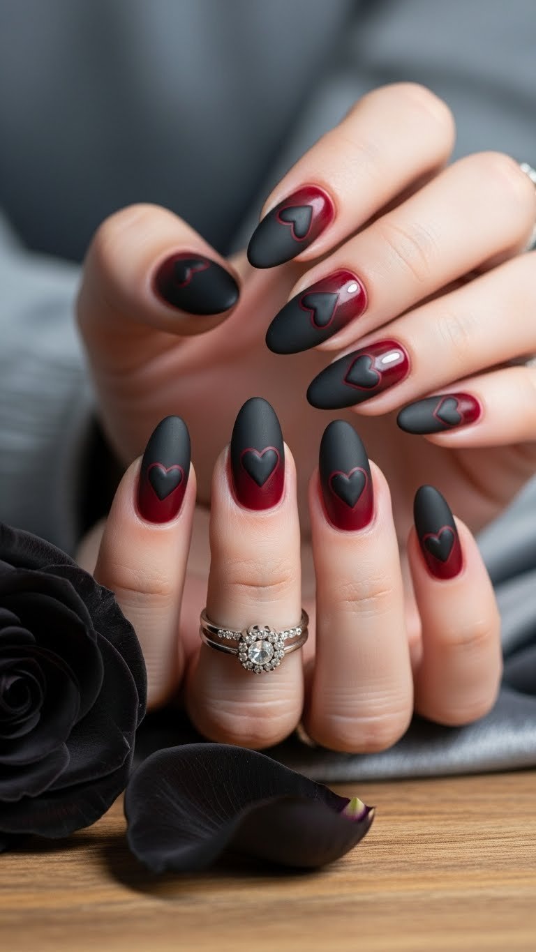 Close-up macro shot of stiletto nails with matte black hearts on glossy red base against rustic wood background