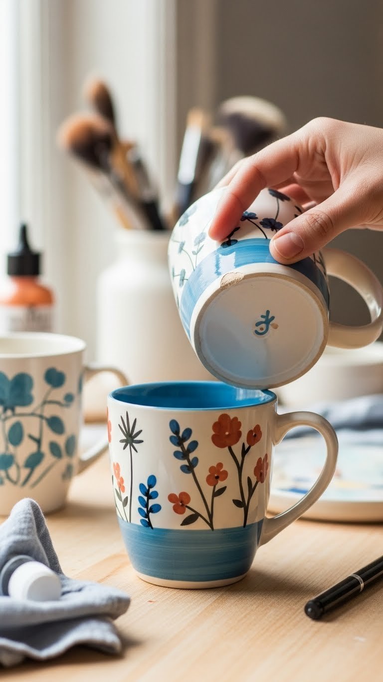 Close-up of DIY painted mug with small chip contrasted with perfect finished mug for troubleshooting