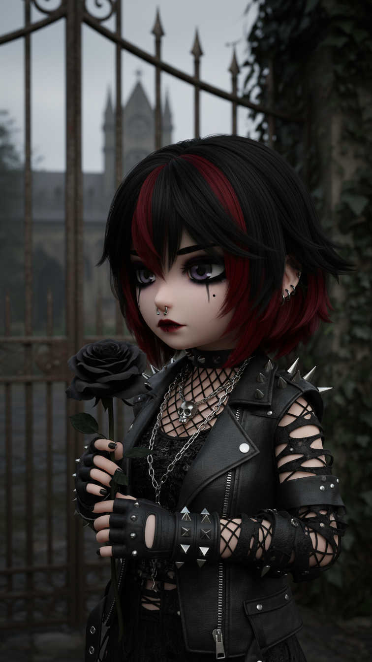 Close-up of Gacha character in gothic emo style with dark makeup, layered clothing, and atmospheric cemetery backdrop