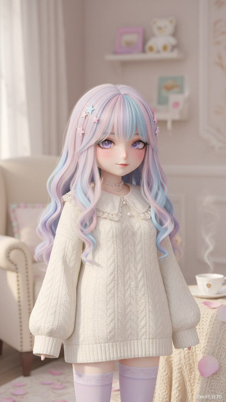 Close-up of Gacha character in soft girl pastel aesthetic with flowing pink hair, frilly dress, and cozy accessories against blurred pastel background