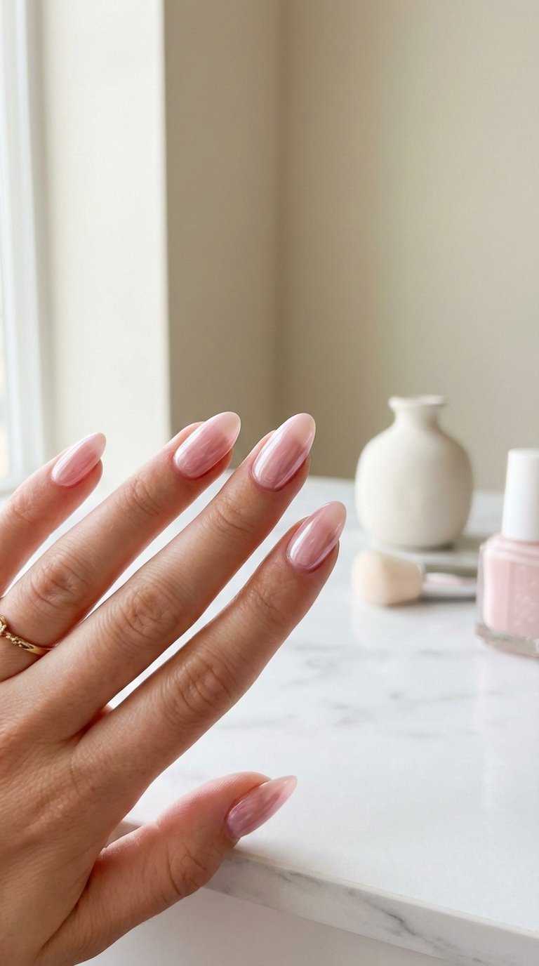 Close-up of Hailey Bieber's sheer pink glazed donut nails with iridescent chrome finish on marble countertop in natural light