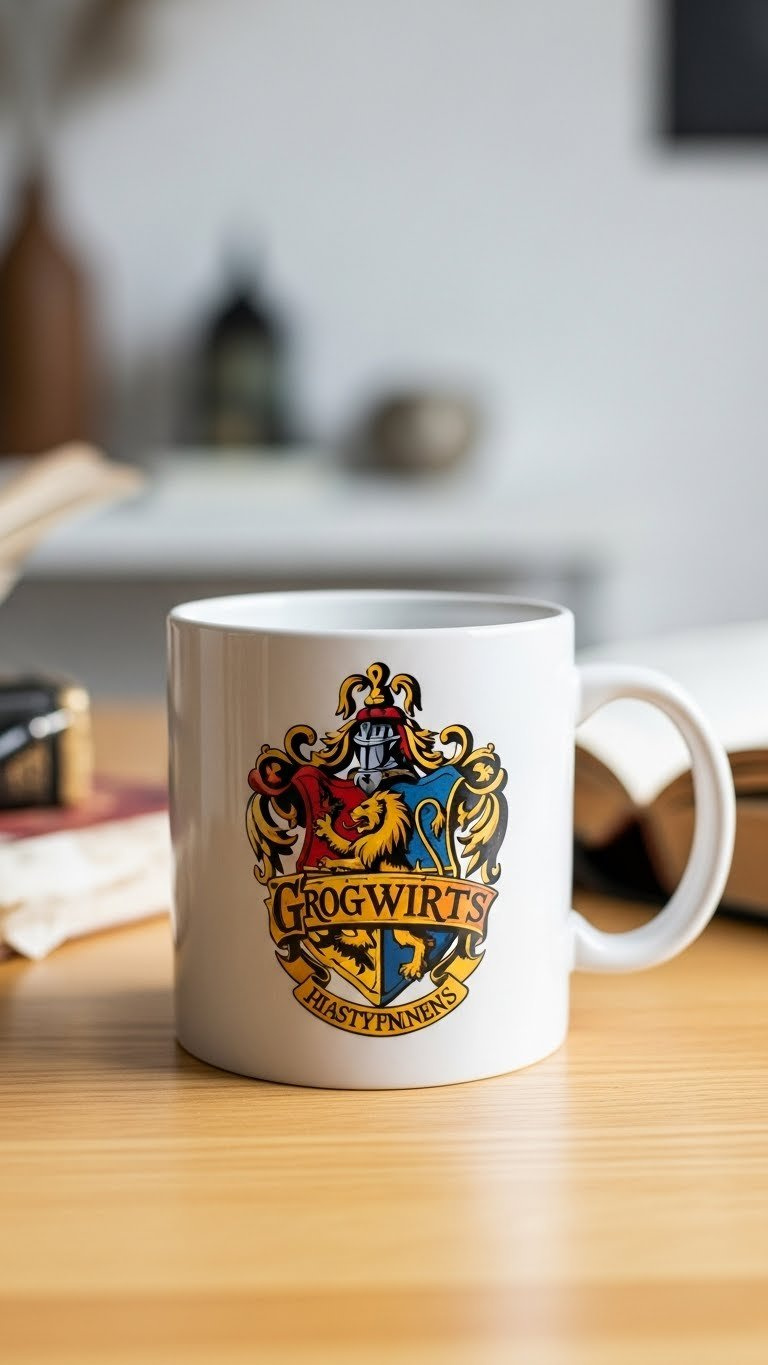 Close-up of Harry Potter Hogwarts House Crest mug featuring intricate Gryffindor lion emblem with vibrant red and gold colors on white ceramic