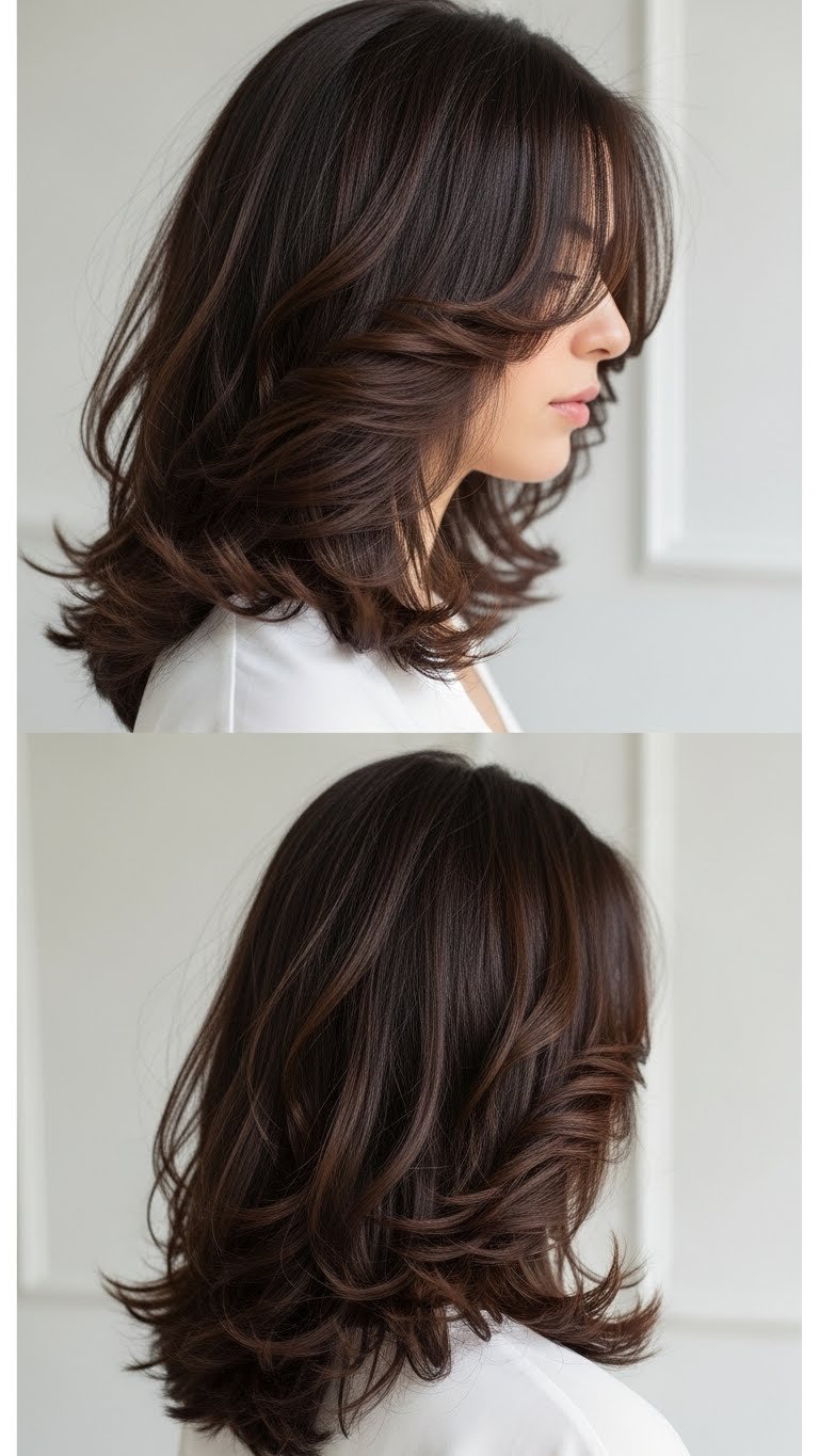 Close-up of Korean layered haircut on medium length dark brown hair with face-framing layers and natural texture in soft studio lighting