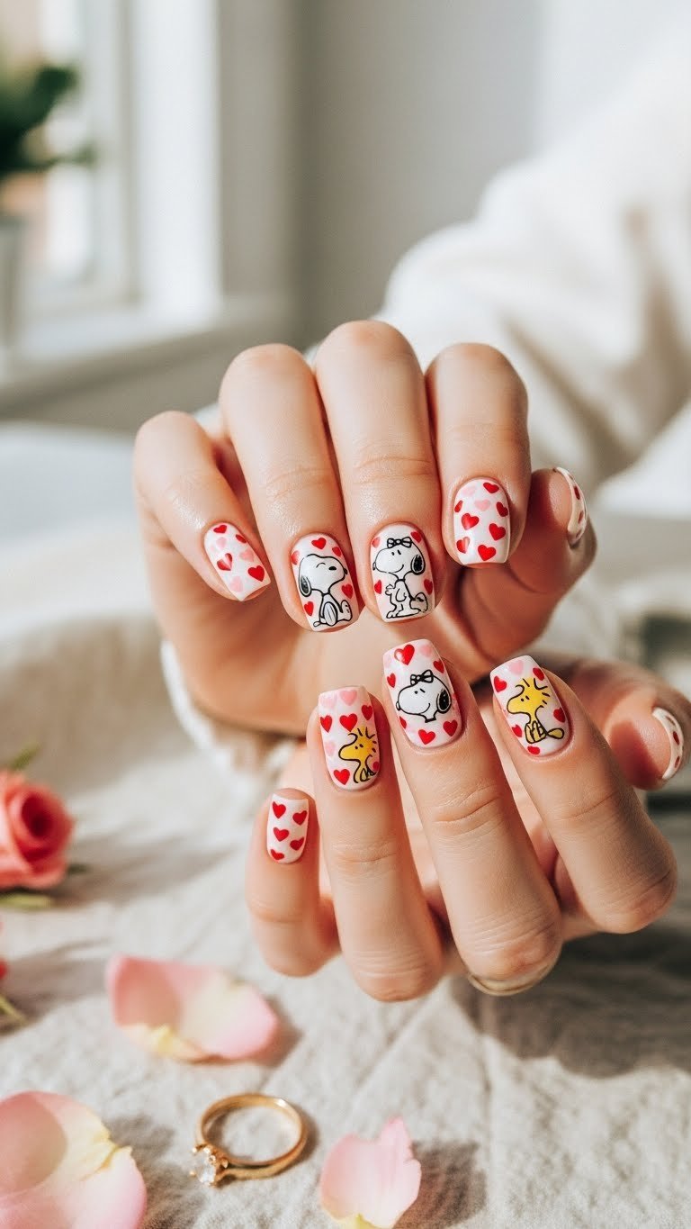 Close-up of Snoopy and Woodstock heart nail art on manicured fingers with red and pink hearts on warm cream background