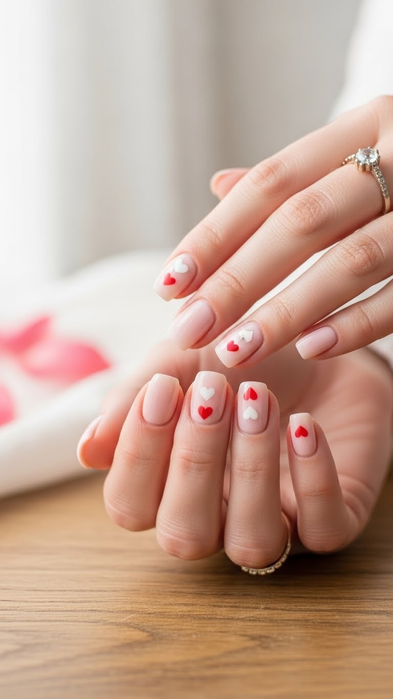 Close-up of Valentine's gel nails with pastel pink base and delicate white heart accents against rustic wood background