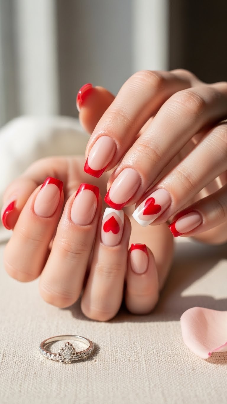Close-up of Valentine's nails featuring classic red heart french tip on nude base with soft natural lighting against linen background