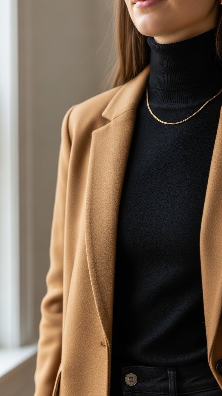 Close-up of a black merino wool turtleneck under camel wool blazer with gold necklace in soft natural window lighting
