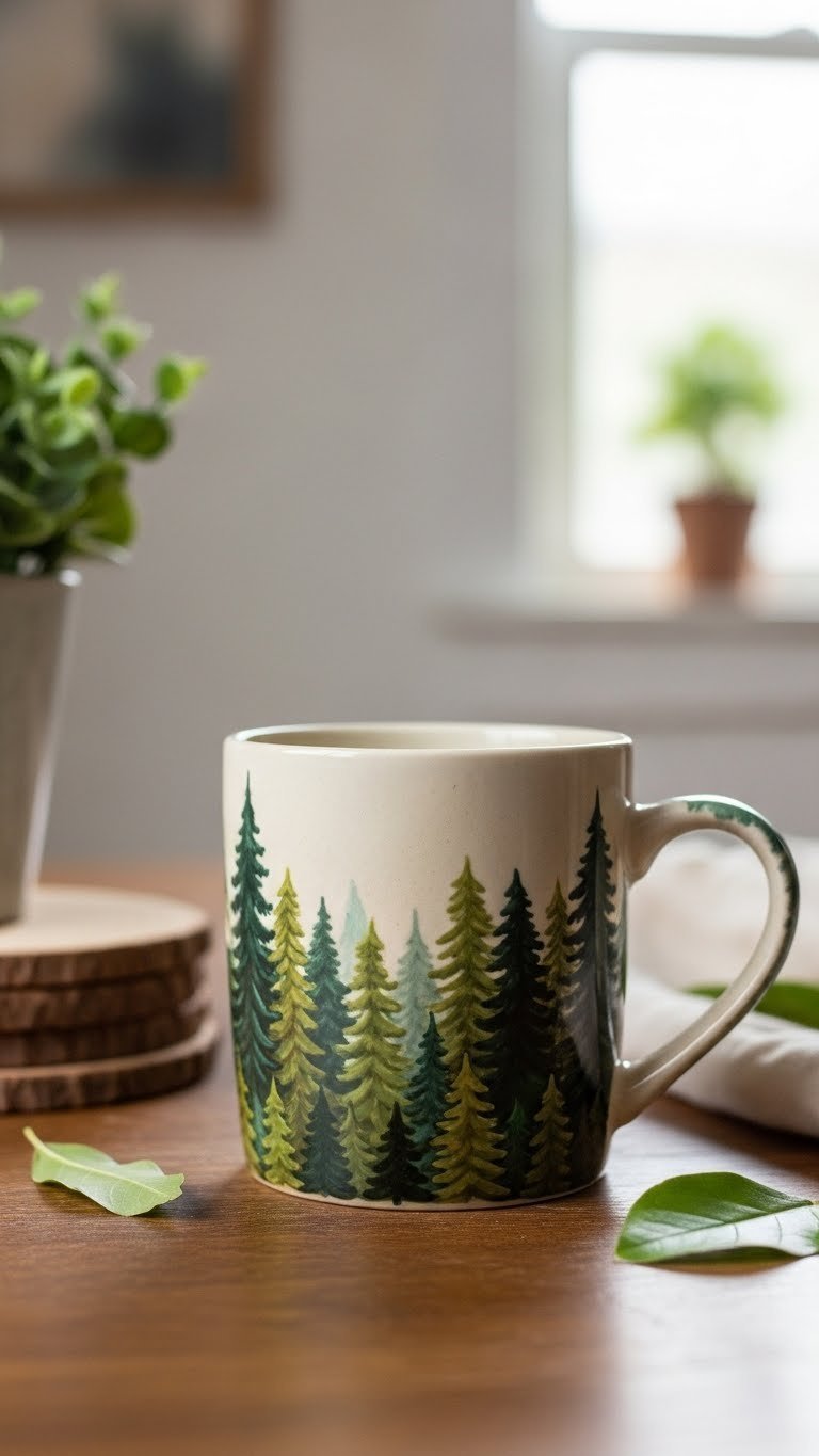 Close-up of a ceramic coffee mug with forest canopy painting on rustic wooden table surrounded by plants and natural elements