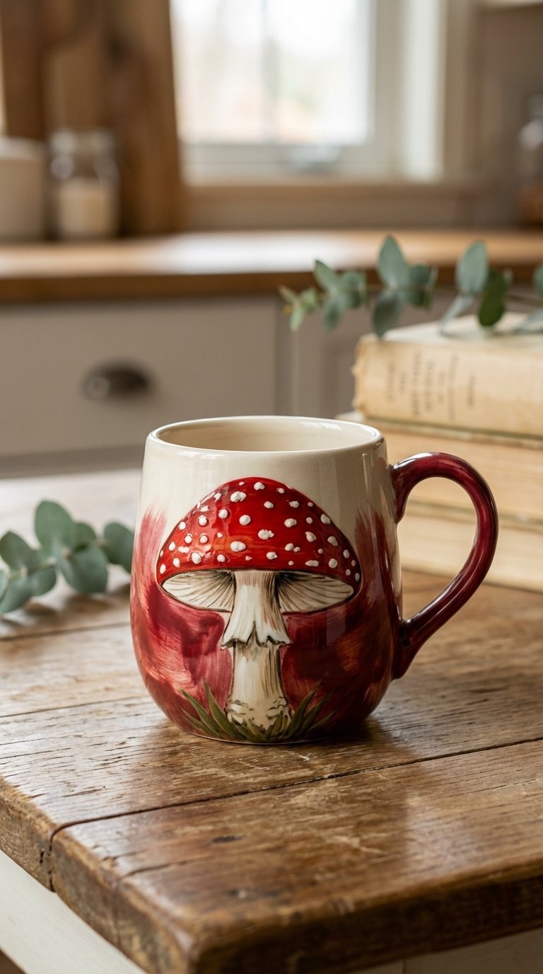 Close-up of a hand-painted ceramic mug featuring a vibrant red Amanita Muscaria mushroom with white spots on a rustic wooden table.
