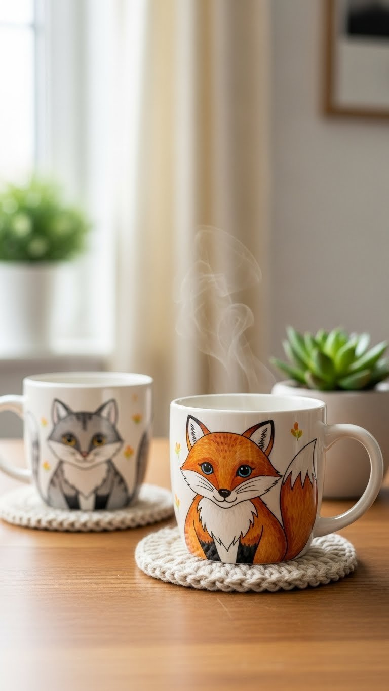 Close-up of a hand painted mug with whimsical fox or cat animal theme on rustic wooden table with soft natural lighting