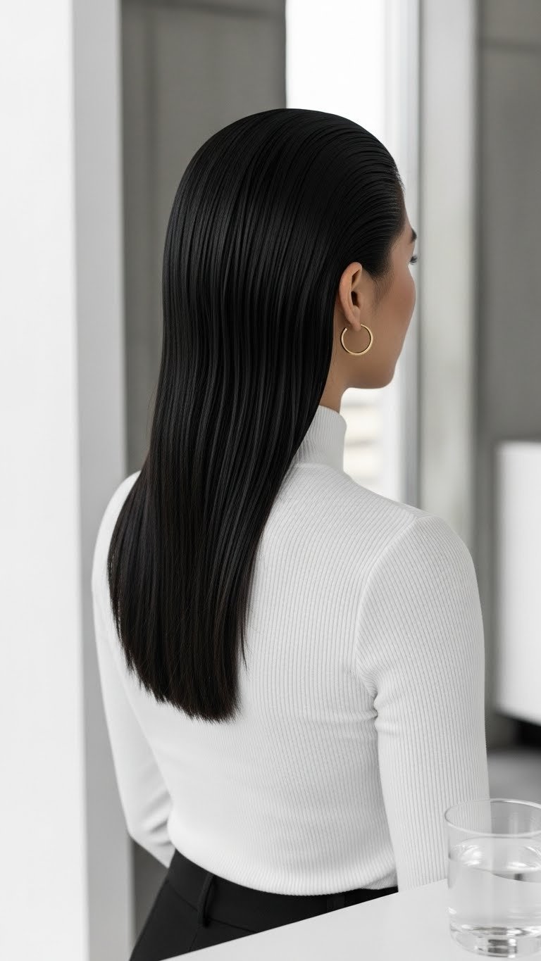 Close-up of a perfectly slicked-back low ponytail on long dark straight hair, embodying the minimalist aesthetic with gold hoops.