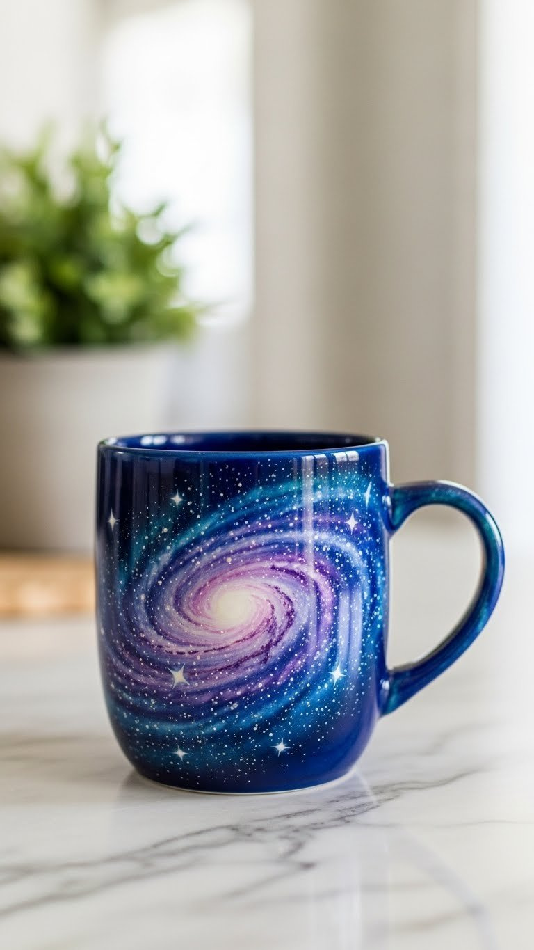 Close-up of a vibrant galaxy painted ceramic mug with swirling cosmic design and scattered stars on marble countertop