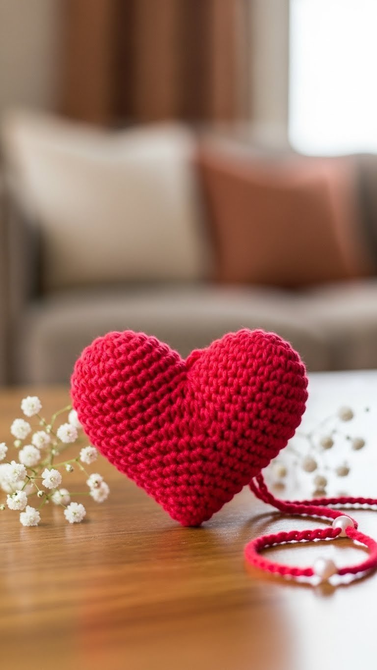 Close-up of a vibrant red crochet heart with soft texture and clear stitches against a rustic wooden table with natural lighting