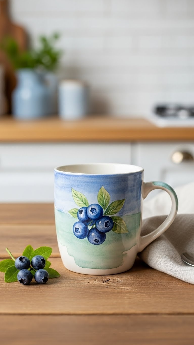 Close-up of a watercolor blueberry painted ceramic mug with soft translucent layers against rustic wooden table and natural window light