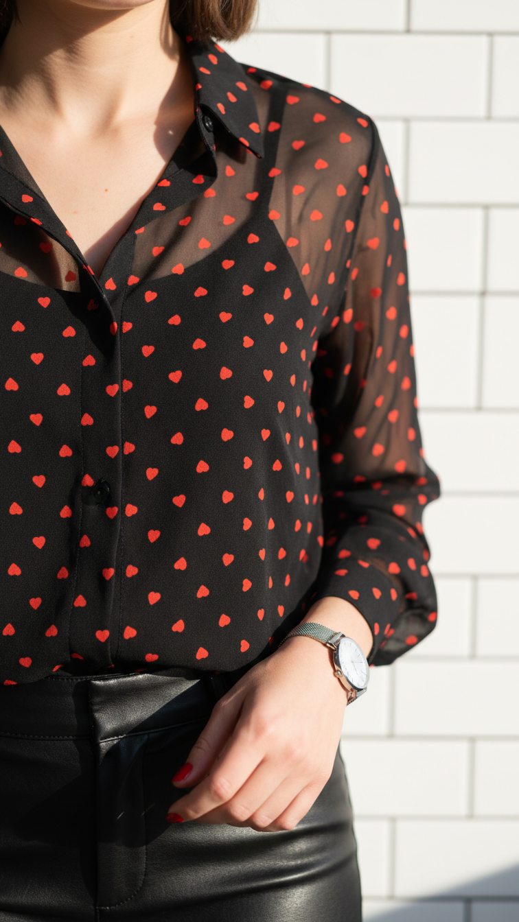 Close-up of a whimsical black sheer heart print blouse, a Valentine's outfit, with a red manicure in a bright cafe.