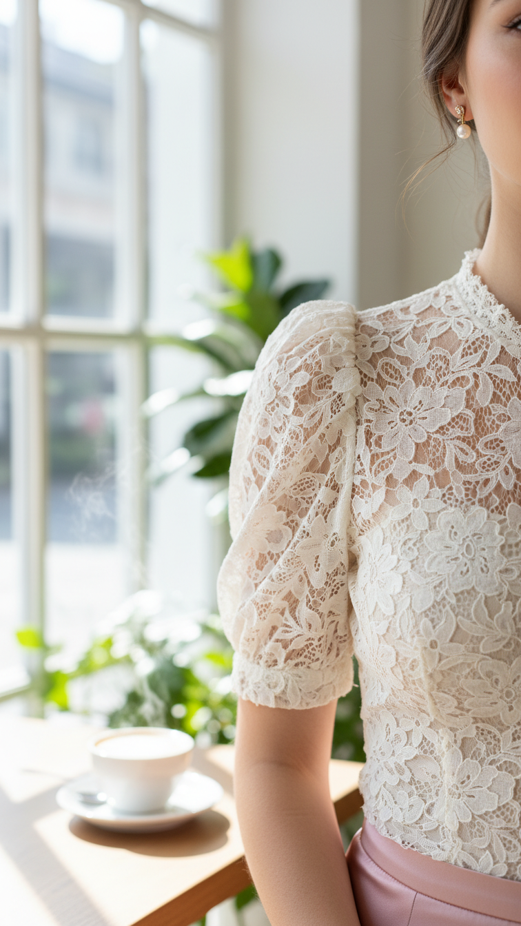 Close-up of a woman in a creamy white floral lace top, a romantic Valentine's outfit, holding coffee in a bright cafe.