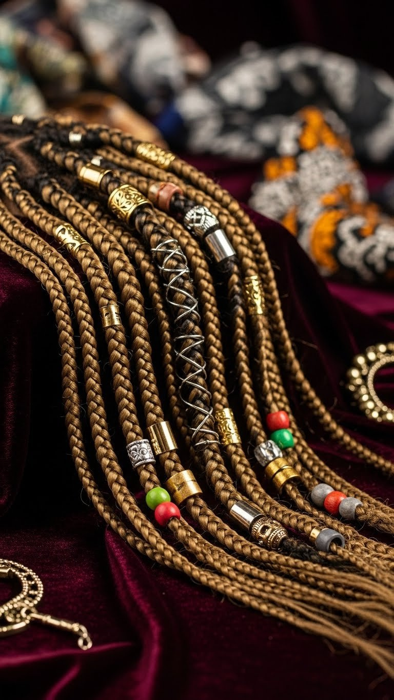Close-up of accessorized knotless braids with metal cuffs and colorful beads